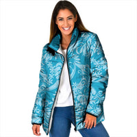 Tahiti Ninamu Tiare Floral Padded Jacket Monstera Palm Tropical Leaves LT01 Women Blue - Polynesian Pride