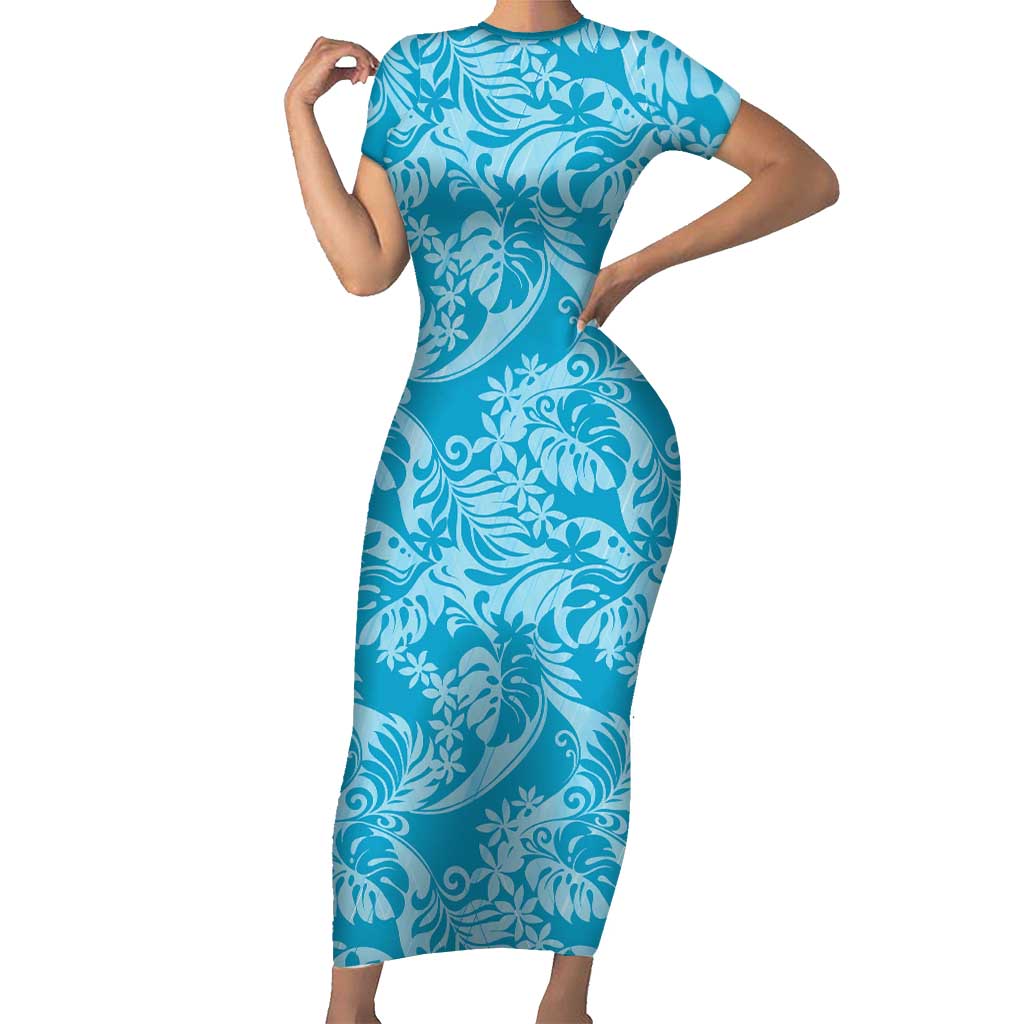 Tahiti Ninamu Tiare Floral Short Sleeve Bodycon Dress Monstera Palm Tropical Leaves LT01 Long Dress Blue - Polynesian Pride