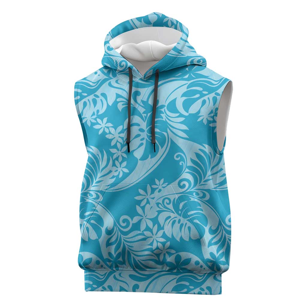 Tahiti Ninamu Tiare Floral Sleeveless Hoodie Monstera Palm Tropical Leaves LT01 Blue - Polynesian Pride