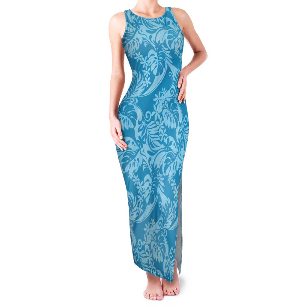 Tahiti Ninamu Tiare Floral Tank Maxi Dress Monstera Palm Tropical Leaves LT01 Women Blue - Polynesian Pride