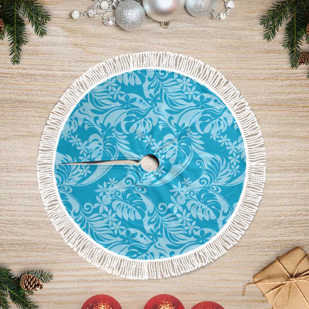 Tahiti Ninamu Tiare Floral Tree Skirt Monstera Palm Tropical Leaves LT01 Fringed Blue - Polynesian Pride