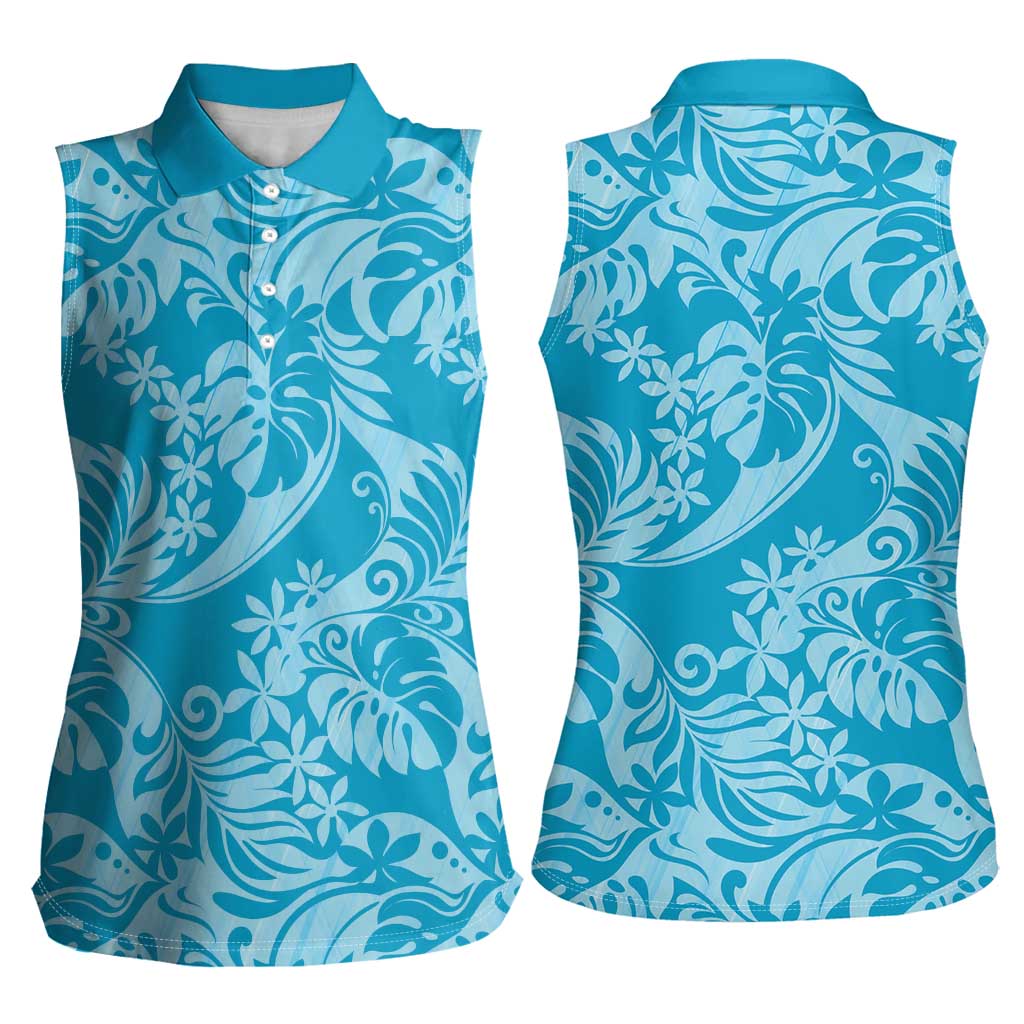 Tahiti Ninamu Tiare Floral Women Sleeveless Polo Shirt Monstera Palm Tropical Leaves LT01 - Polynesian Pride