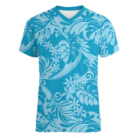 Tahiti Ninamu Tiare Floral Women V-Neck T-Shirt Monstera Palm Tropical Leaves LT01 Female Blue - Polynesian Pride
