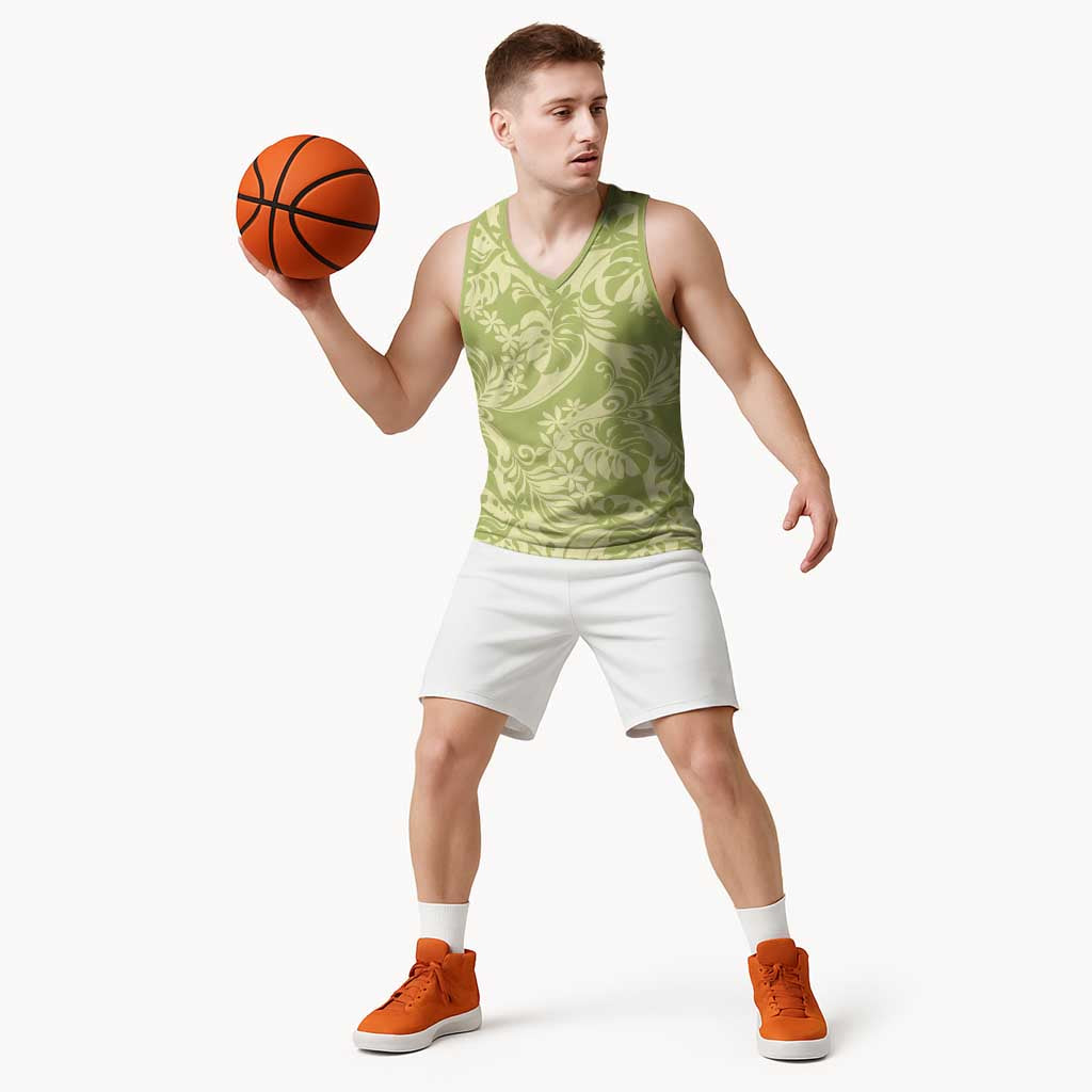 Tahiti Olive Tiare Floral Basketball Jersey Monstera Palm Tropical Leaves - Polynesian Pride