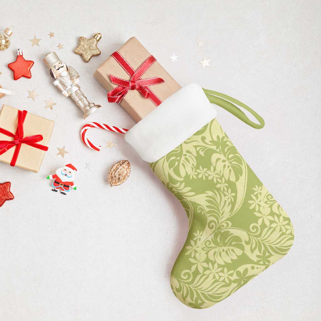 Tahiti Olive Tiare Floral Christmas Stocking Monstera Palm Tropical Leaves LT01 - Polynesian Pride