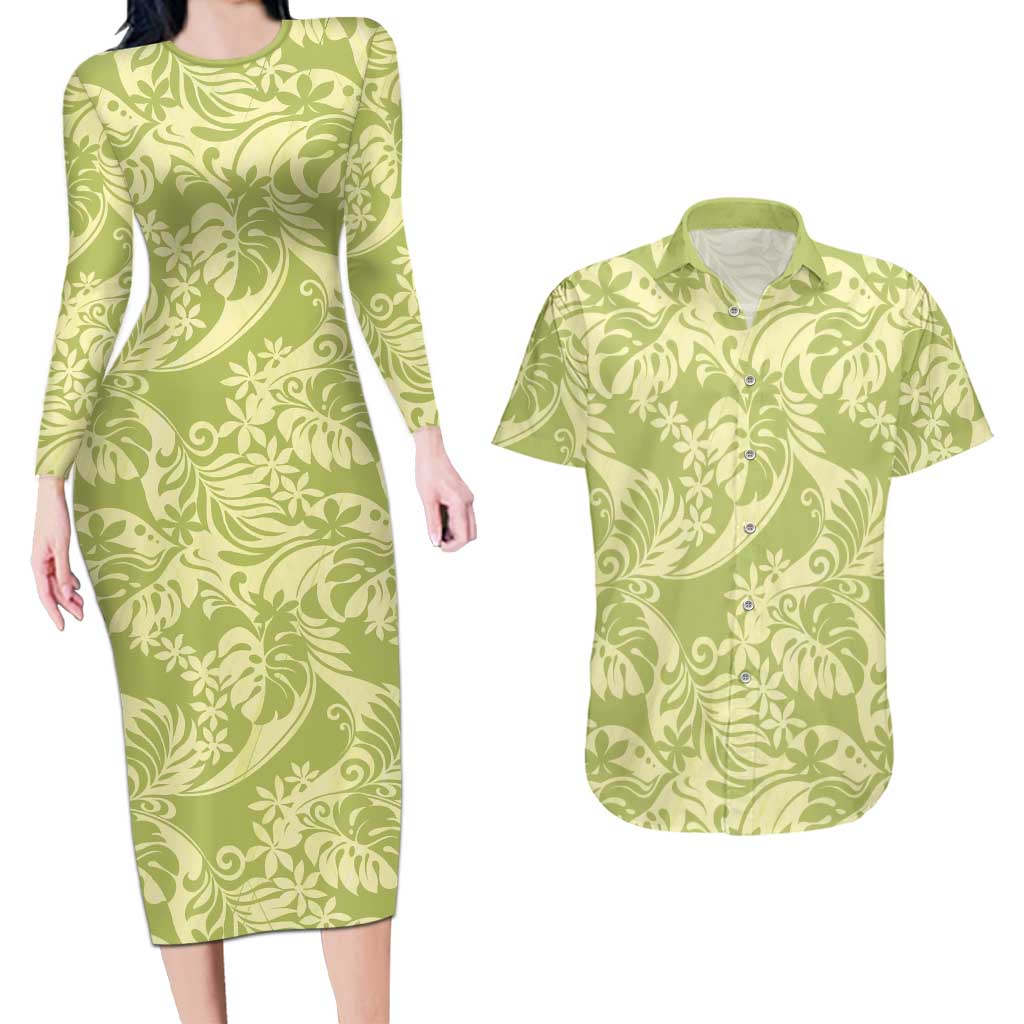 Tahiti Olive Tiare Floral Couples Matching Long Sleeve Bodycon Dress and Hawaiian Shirt Monstera Palm Tropical Leaves - Polynesian Pride