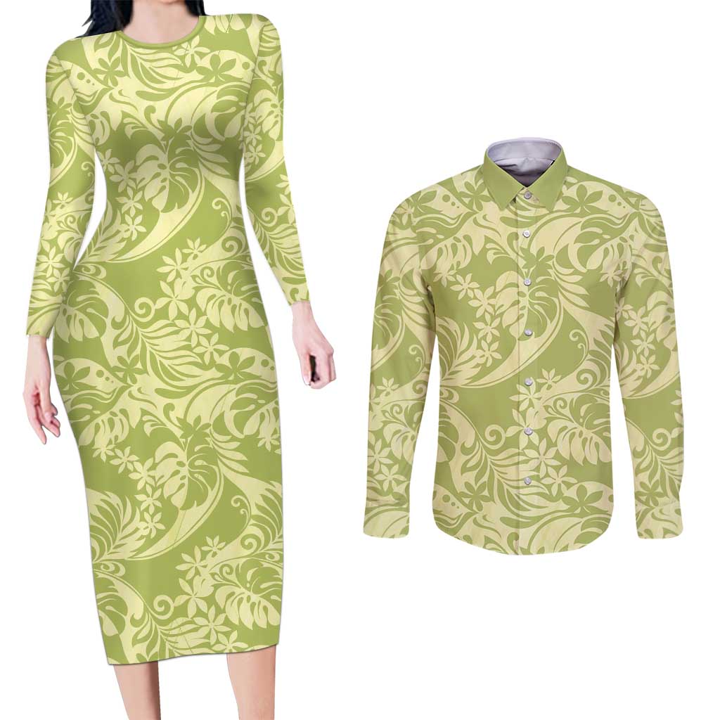 Tahiti Olive Tiare Floral Couples Matching Long Sleeve Bodycon Dress and Long Sleeve Button Shirt Monstera Palm Tropical Leaves LT01 Olive - Polynesian Pride