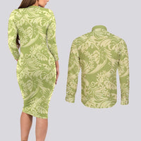 Tahiti Olive Tiare Floral Couples Matching Long Sleeve Bodycon Dress and Long Sleeve Button Shirt Monstera Palm Tropical Leaves LT01 - Polynesian Pride