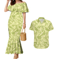 Tahiti Olive Tiare Floral Couples Matching Mermaid Dress and Hawaiian Shirt Monstera Palm Tropical Leaves LT01 Olive - Polynesian Pride