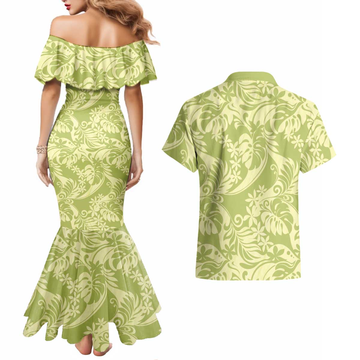 Tahiti Olive Tiare Floral Couples Matching Mermaid Dress and Hawaiian Shirt Monstera Palm Tropical Leaves LT01 - Polynesian Pride