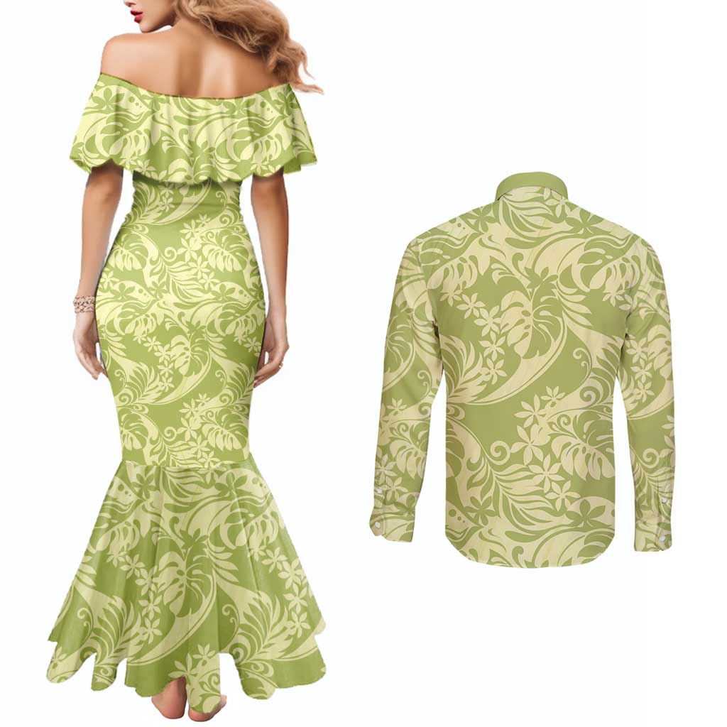 Tahiti Olive Tiare Floral Couples Matching Mermaid Dress and Long Sleeve Button Shirt Monstera Palm Tropical Leaves LT01 - Polynesian Pride
