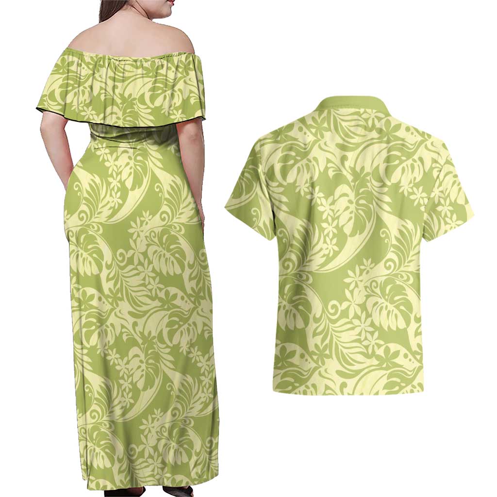 Tahiti Olive Tiare Floral Couples Matching Off Shoulder Maxi Dress and Hawaiian Shirt Monstera Palm Tropical Leaves LT01 - Polynesian Pride