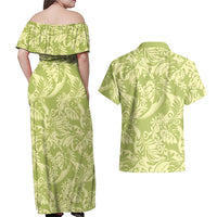 Tahiti Olive Tiare Floral Couples Matching Off Shoulder Maxi Dress and Hawaiian Shirt Monstera Palm Tropical Leaves LT01 - Polynesian Pride