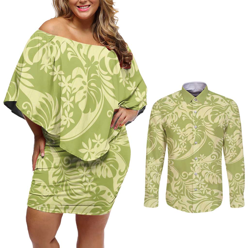 Tahiti Olive Tiare Floral Couples Matching Off Shoulder Short Dress and Long Sleeve Button Shirt Monstera Palm Tropical Leaves LT01 Olive - Polynesian Pride