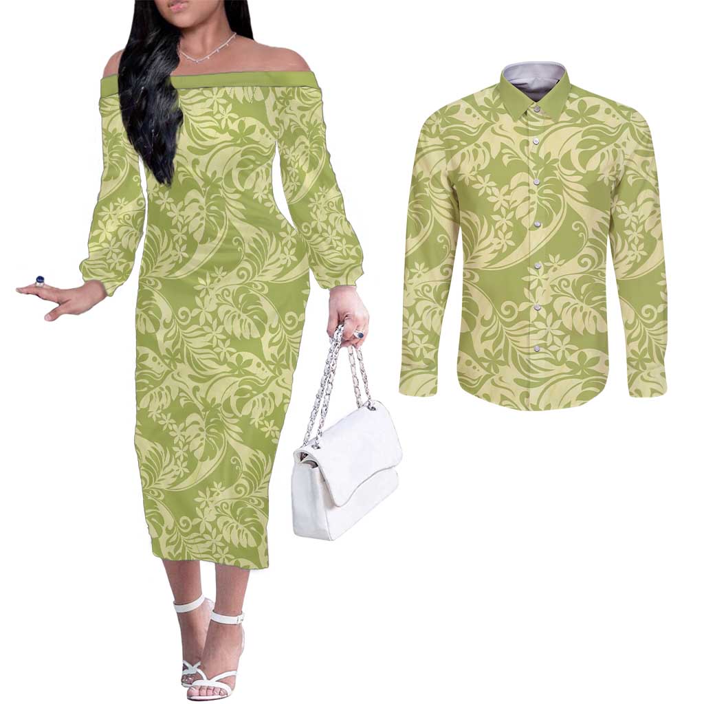 Tahiti Olive Tiare Floral Couples Matching Off The Shoulder Long Sleeve Dress and Long Sleeve Button Shirt Monstera Palm Tropical Leaves - Polynesian Pride
