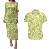 Tahiti Olive Tiare Floral Couples Matching Puletasi and Hawaiian Shirt Monstera Palm Tropical Leaves LT01 Olive - Polynesian Pride