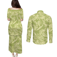 Tahiti Olive Tiare Floral Couples Matching Puletasi and Long Sleeve Button Shirt Monstera Palm Tropical Leaves LT01 - Polynesian Pride