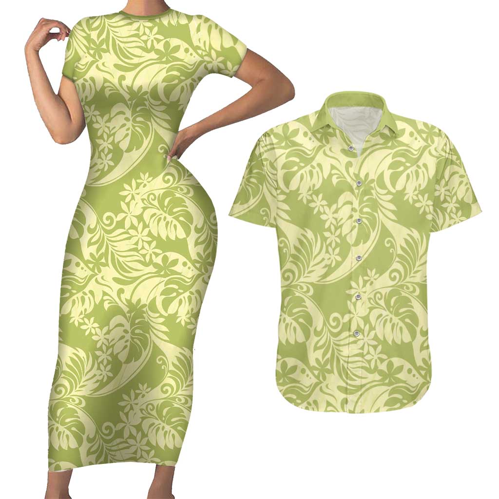 Tahiti Olive Tiare Floral Couples Matching Short Sleeve Bodycon Dress and Hawaiian Shirt Monstera Palm Tropical Leaves LT01 Olive - Polynesian Pride