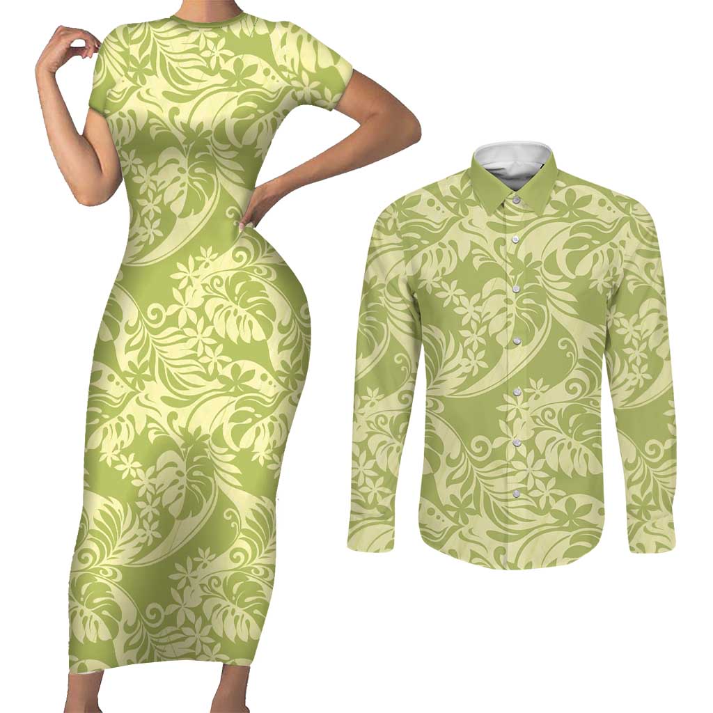 Tahiti Olive Tiare Floral Couples Matching Short Sleeve Bodycon Dress and Long Sleeve Button Shirt Monstera Palm Tropical Leaves - Polynesian Pride
