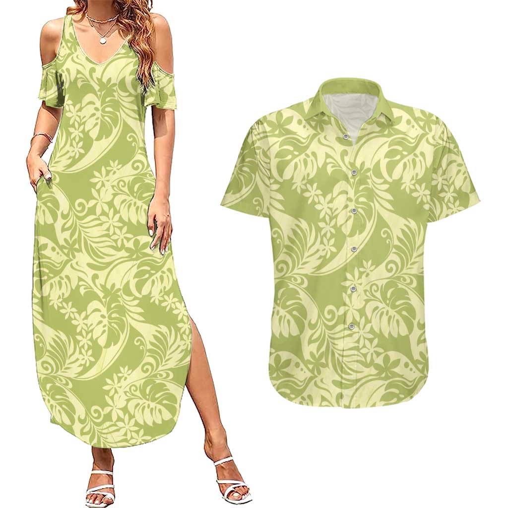 Tahiti Olive Tiare Floral Couples Matching Summer Maxi Dress and Hawaiian Shirt Monstera Palm Tropical Leaves LT01 Olive - Polynesian Pride