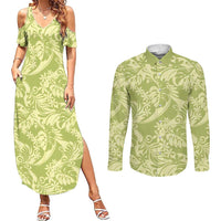 Tahiti Olive Tiare Floral Couples Matching Summer Maxi Dress and Long Sleeve Button Shirt Monstera Palm Tropical Leaves LT01 Olive - Polynesian Pride
