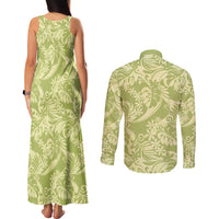 Tahiti Olive Tiare Floral Couples Matching Tank Maxi Dress and Long Sleeve Button Shirt Monstera Palm Tropical Leaves LT01 - Polynesian Pride