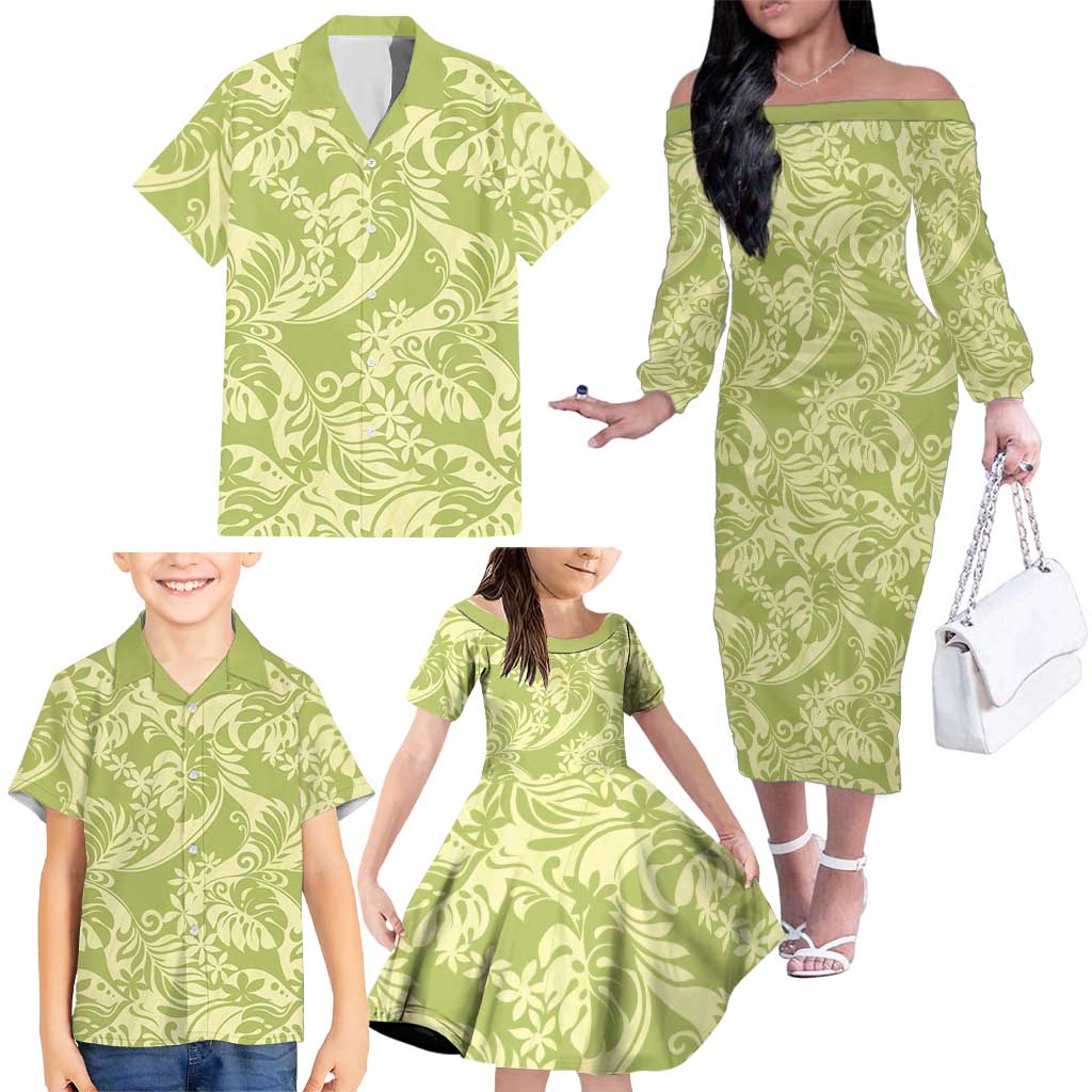 Tahiti Olive Tiare Floral Family Matching Off The Shoulder Long Sleeve Dress and Hawaiian Shirt Monstera Palm Tropical Leaves - Polynesian Pride