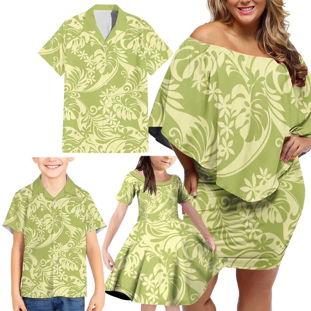 Tahiti Olive Tiare Floral Family Matching Off Shoulder Short Dress and Hawaiian Shirt Monstera Palm Tropical Leaves - Polynesian Pride