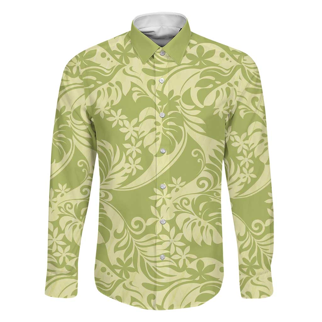 Tahiti Olive Tiare Floral Family Matching Off Shoulder Short Dress and Hawaiian Shirt Monstera Palm Tropical Leaves LT01 Dad's Shirt - Long Sleeve Olive - Polynesian Pride
