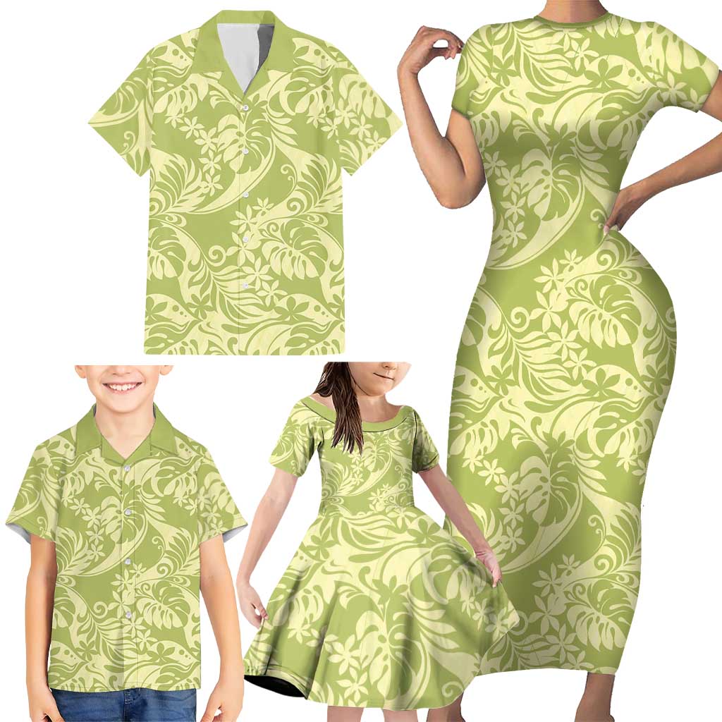 Tahiti Olive Tiare Floral Family Matching Short Sleeve Bodycon Dress and Hawaiian Shirt Monstera Palm Tropical Leaves - Polynesian Pride