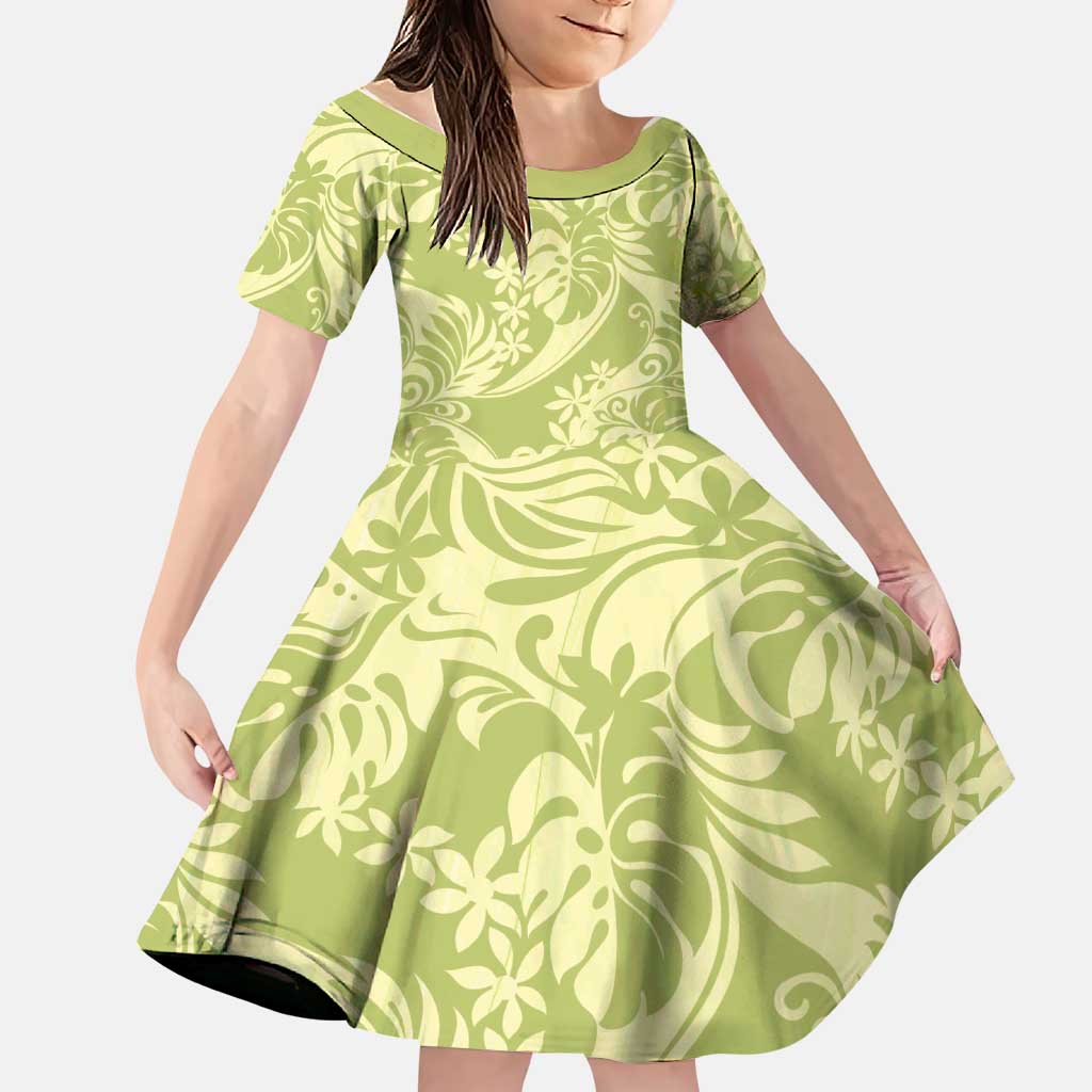 Tahiti Olive Tiare Floral Family Matching Summer Maxi Dress and Hawaiian Shirt Monstera Palm Tropical Leaves LT01 Daughter's Dress Olive - Polynesian Pride