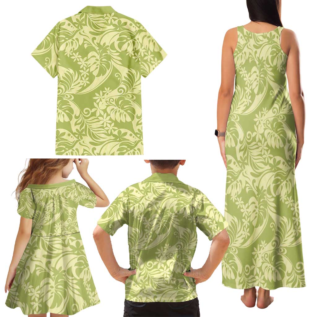 Tahiti Olive Tiare Floral Family Matching Tank Maxi Dress and Hawaiian Shirt Monstera Palm Tropical Leaves LT01 - Polynesian Pride