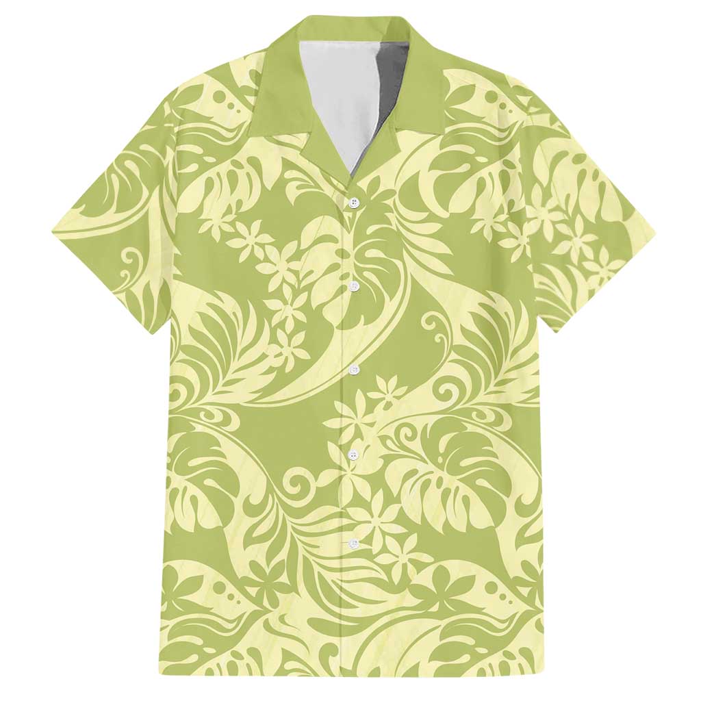 Tahiti Olive Tiare Floral Hawaiian Shirt Monstera Palm Tropical Leaves - Polynesian Pride
