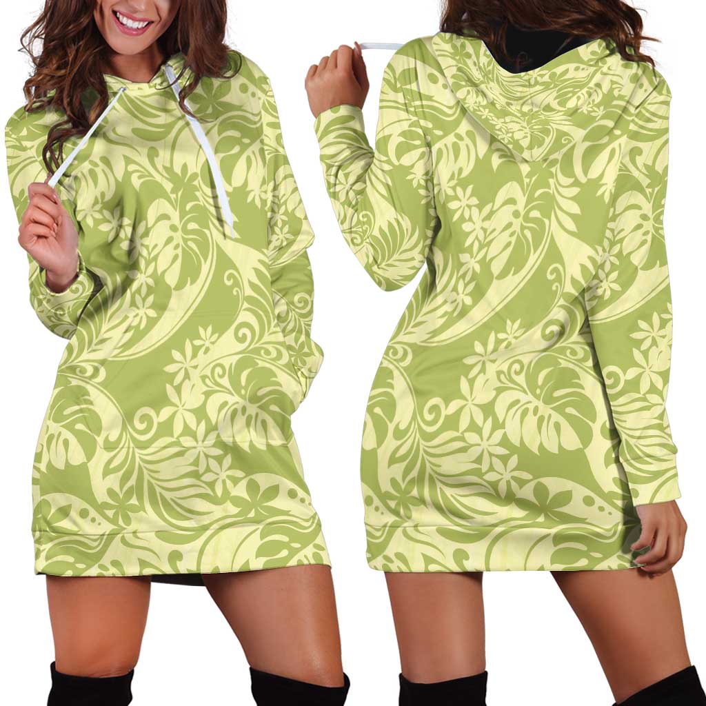 Tahiti Olive Tiare Floral Hoodie Dress Monstera Palm Tropical Leaves LT01 - Polynesian Pride