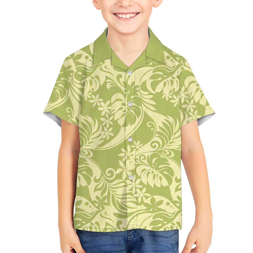 Tahiti Olive Tiare Floral Kid Hawaiian Shirt Monstera Palm Tropical Leaves LT01 Kid Olive - Polynesian Pride