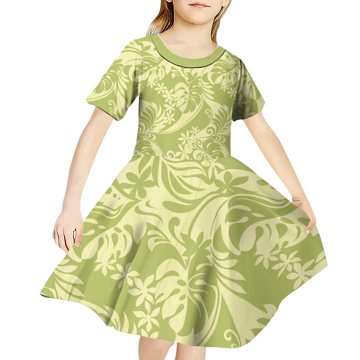 Tahiti Olive Tiare Floral Kid Short Sleeve Dress Monstera Palm Tropical Leaves LT01 - Polynesian Pride