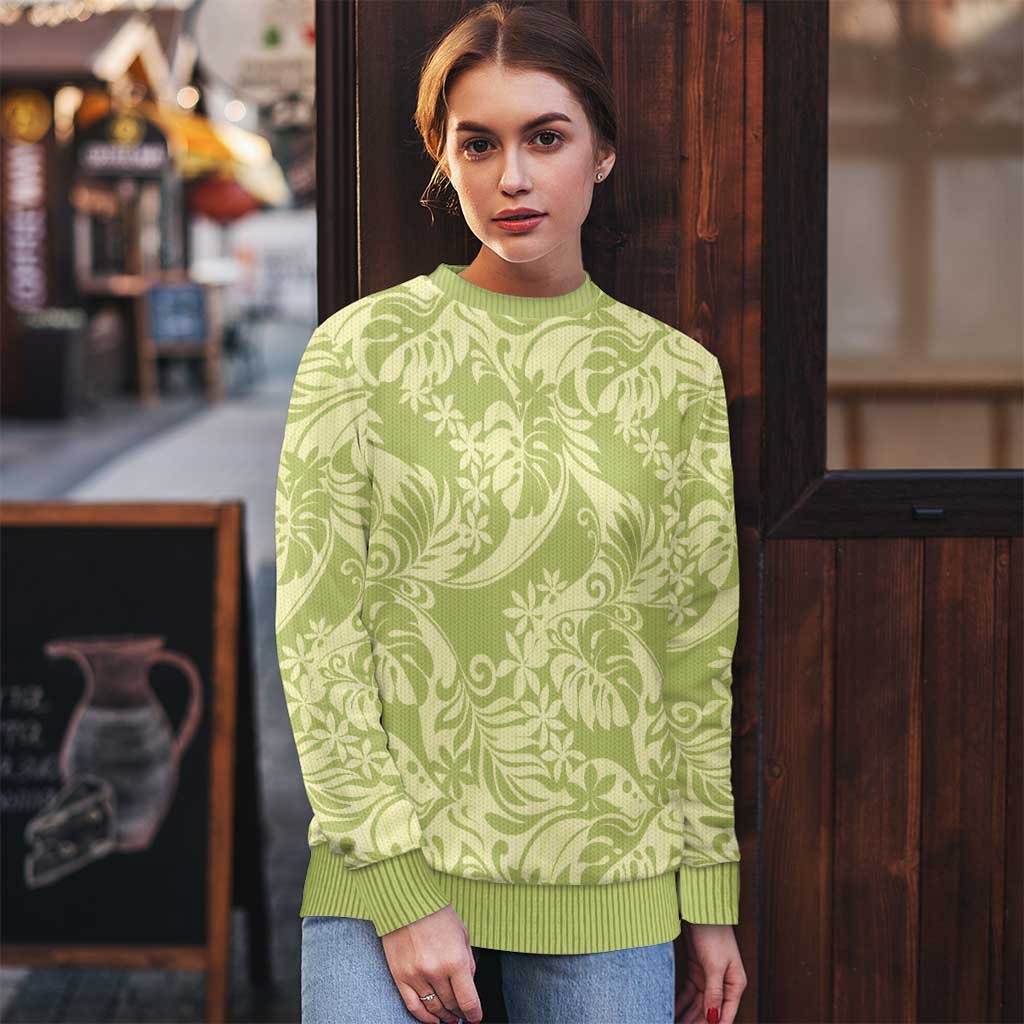 Tahiti Olive Tiare Floral Ugly Christmas Sweater Monstera Palm Tropical Leaves - Polynesian Pride