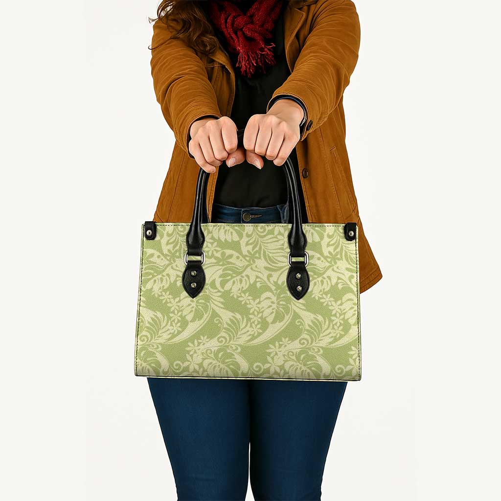 Tahiti Olive Tiare Floral Leather Bag Monstera Palm Tropical Leaves - Polynesian Pride