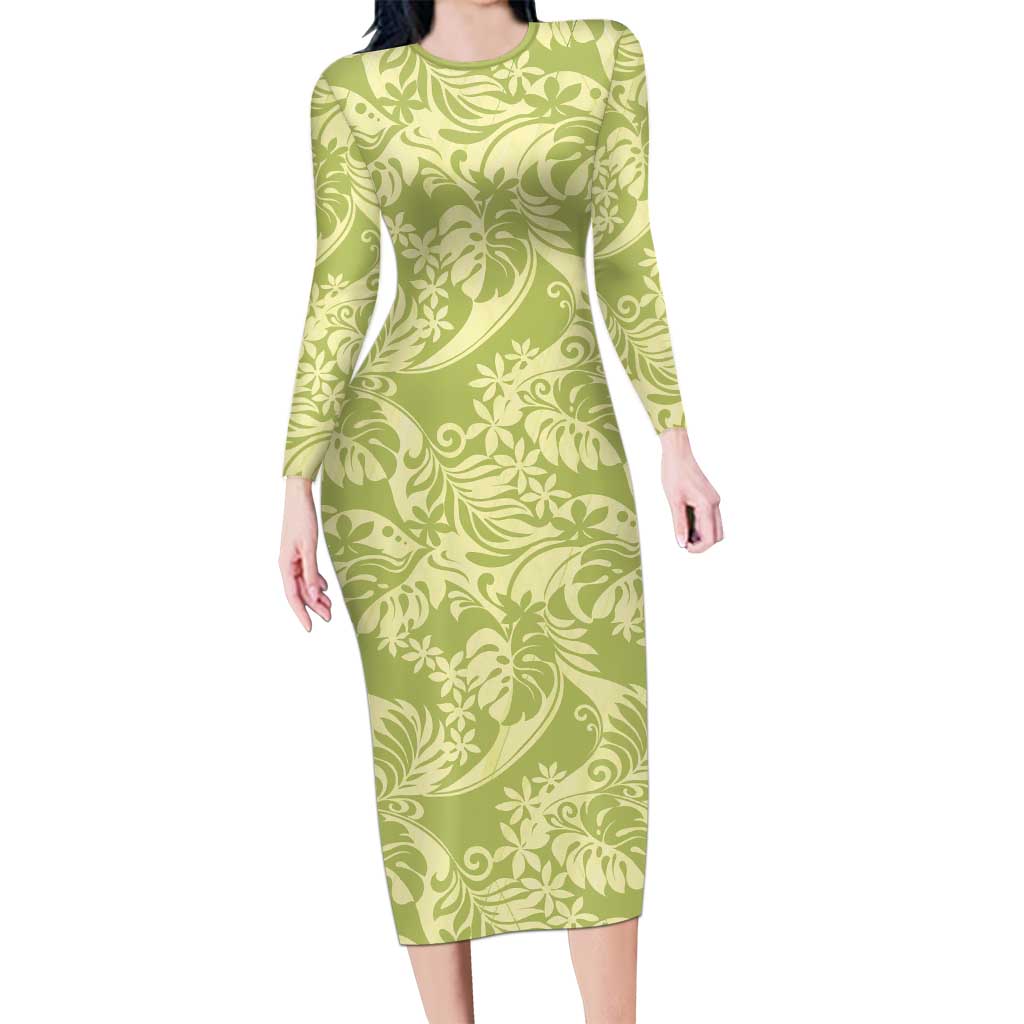 Tahiti Olive Tiare Floral Long Sleeve Bodycon Dress Monstera Palm Tropical Leaves LT01 Long Dress Olive - Polynesian Pride