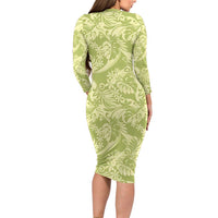 Tahiti Olive Tiare Floral Long Sleeve Bodycon Dress Monstera Palm Tropical Leaves LT01 - Polynesian Pride