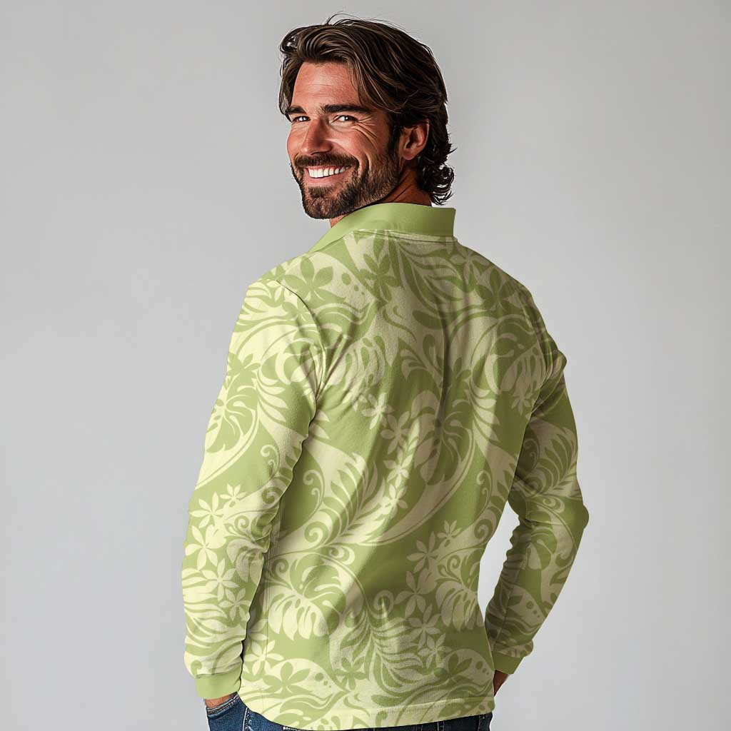 Tahiti Olive Tiare Floral Long Sleeve Polo Shirt Monstera Palm Tropical Leaves LT01 - Polynesian Pride