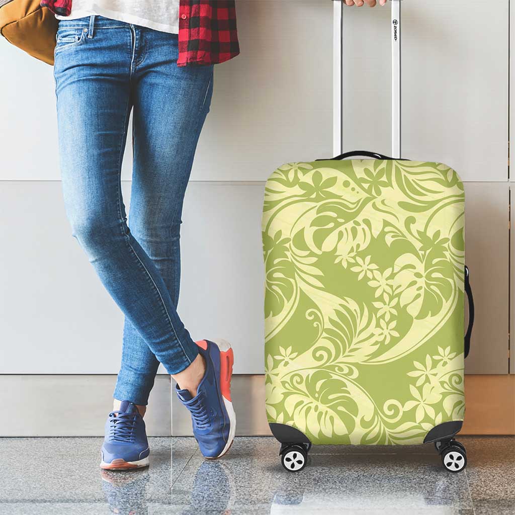 Tahiti Olive Tiare Floral Luggage Cover Monstera Palm Tropical Leaves - Polynesian Pride