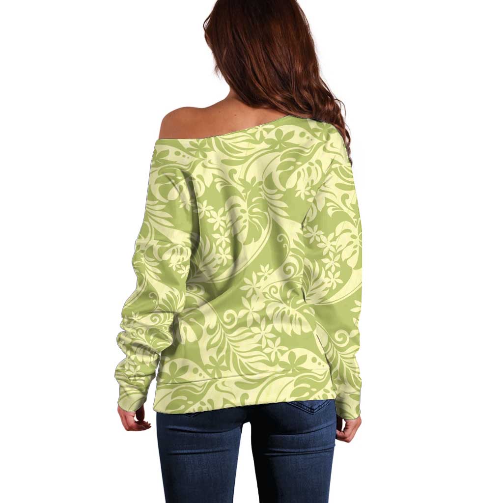 Tahiti Olive Tiare Floral Off Shoulder Sweater Monstera Palm Tropical Leaves - Polynesian Pride