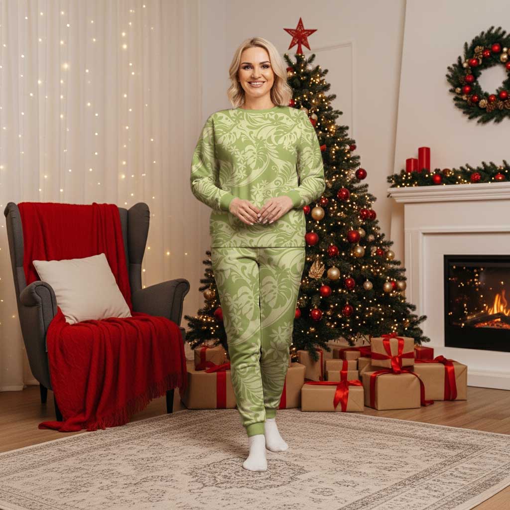 Tahiti Olive Tiare Floral Christmas Pajama Set Monstera Palm Tropical Leaves LT01 Women Olive - Polynesian Pride