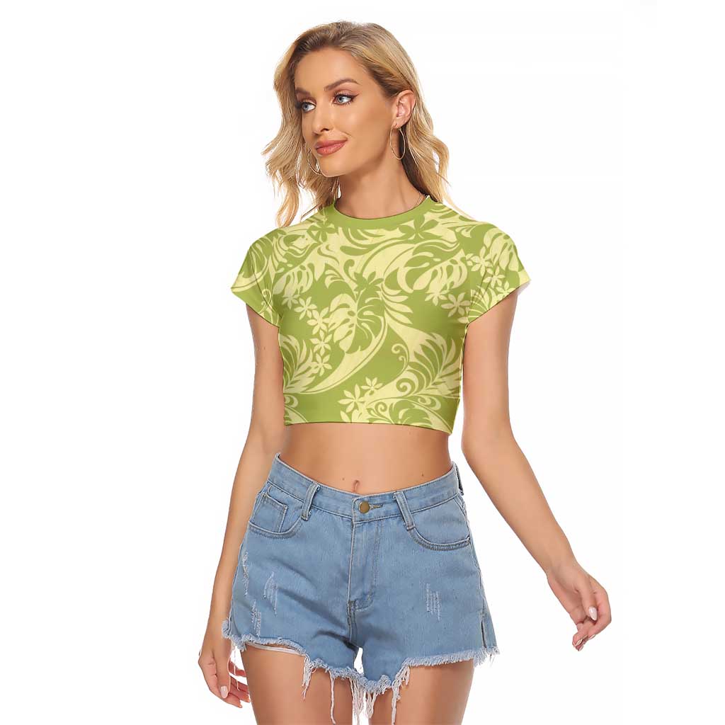 Tahiti Olive Tiare Floral Raglan Cropped T Shirt Monstera Palm Tropical Leaves LT01 Female Olive - Polynesian Pride