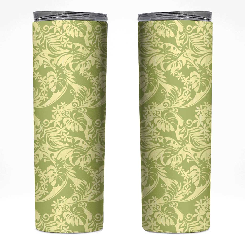 Tahiti Olive Tiare Floral Skinny Tumbler Monstera Palm Tropical Leaves LT01 Olive - Polynesian Pride