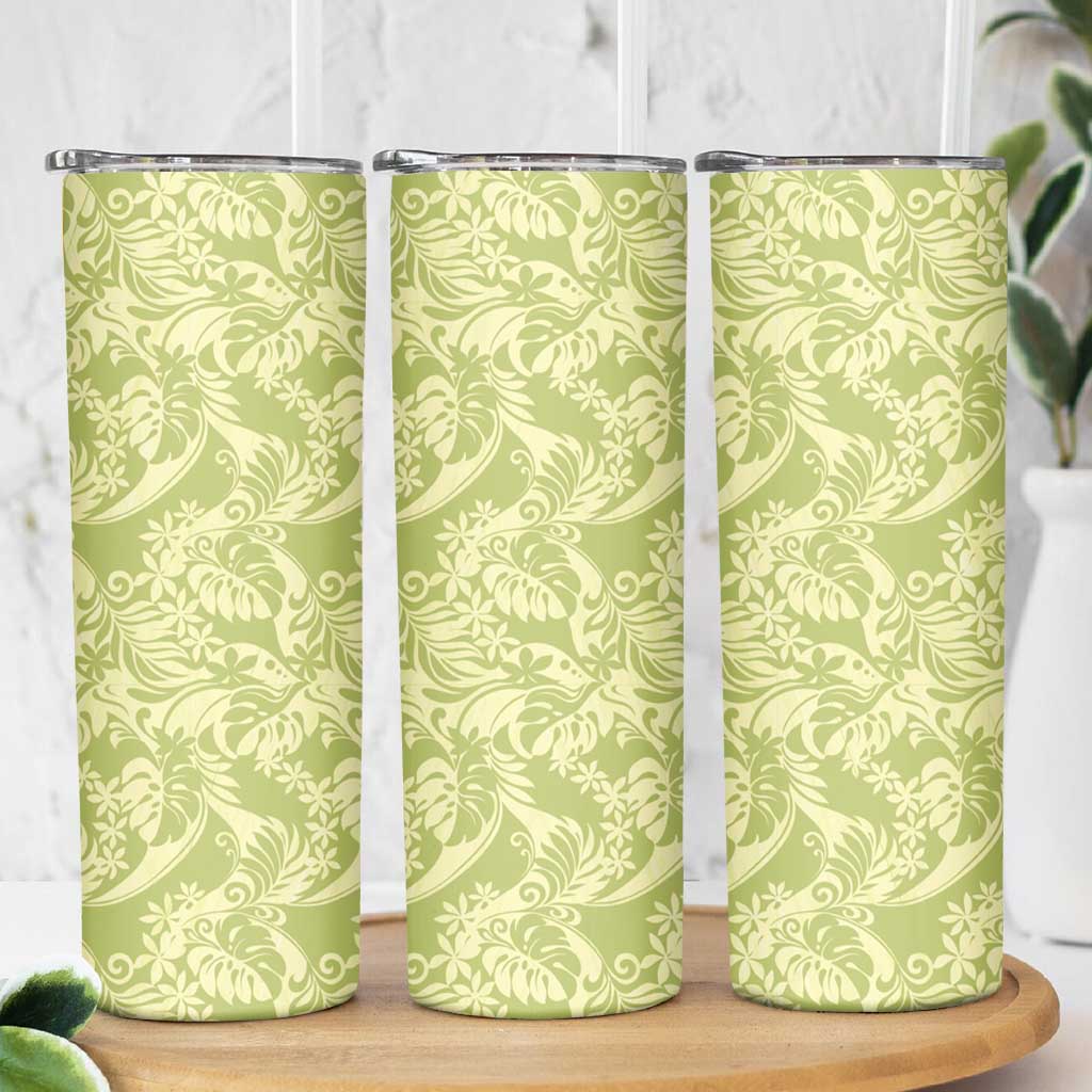 Tahiti Olive Tiare Floral Skinny Tumbler Monstera Palm Tropical Leaves LT01 - Polynesian Pride