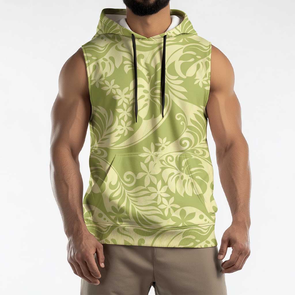 Tahiti Olive Tiare Floral Sleeveless Hoodie Monstera Palm Tropical Leaves LT01 - Polynesian Pride