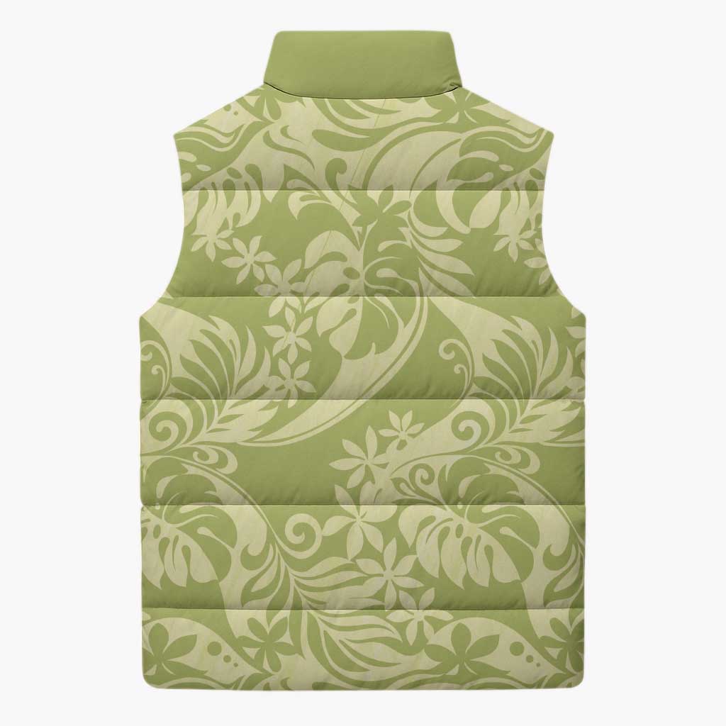 Tahiti Olive Tiare Floral Sleeveless Puffer Jacket Monstera Palm Tropical Leaves - Polynesian Pride