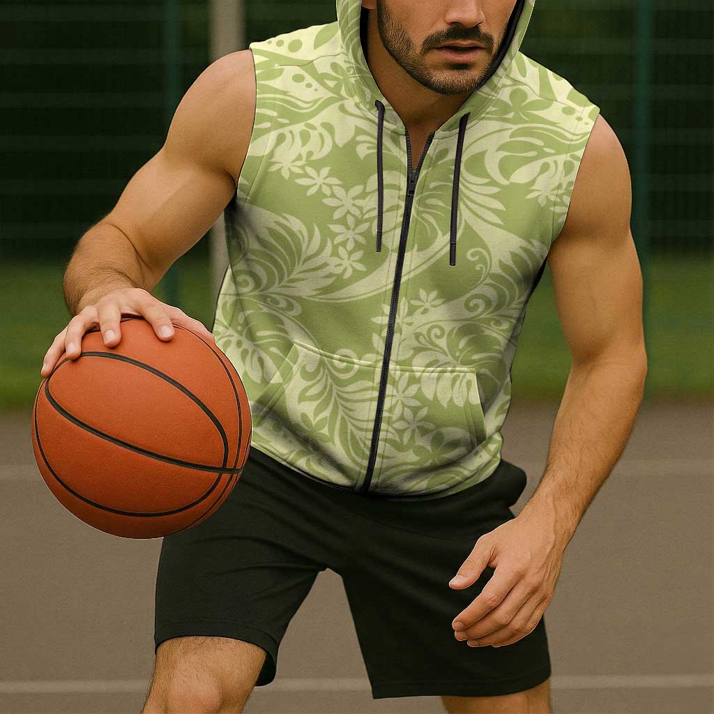 Tahiti Olive Tiare Floral Sleeveless Zip Hoodie Monstera Palm Tropical Leaves LT01 - Polynesian Pride